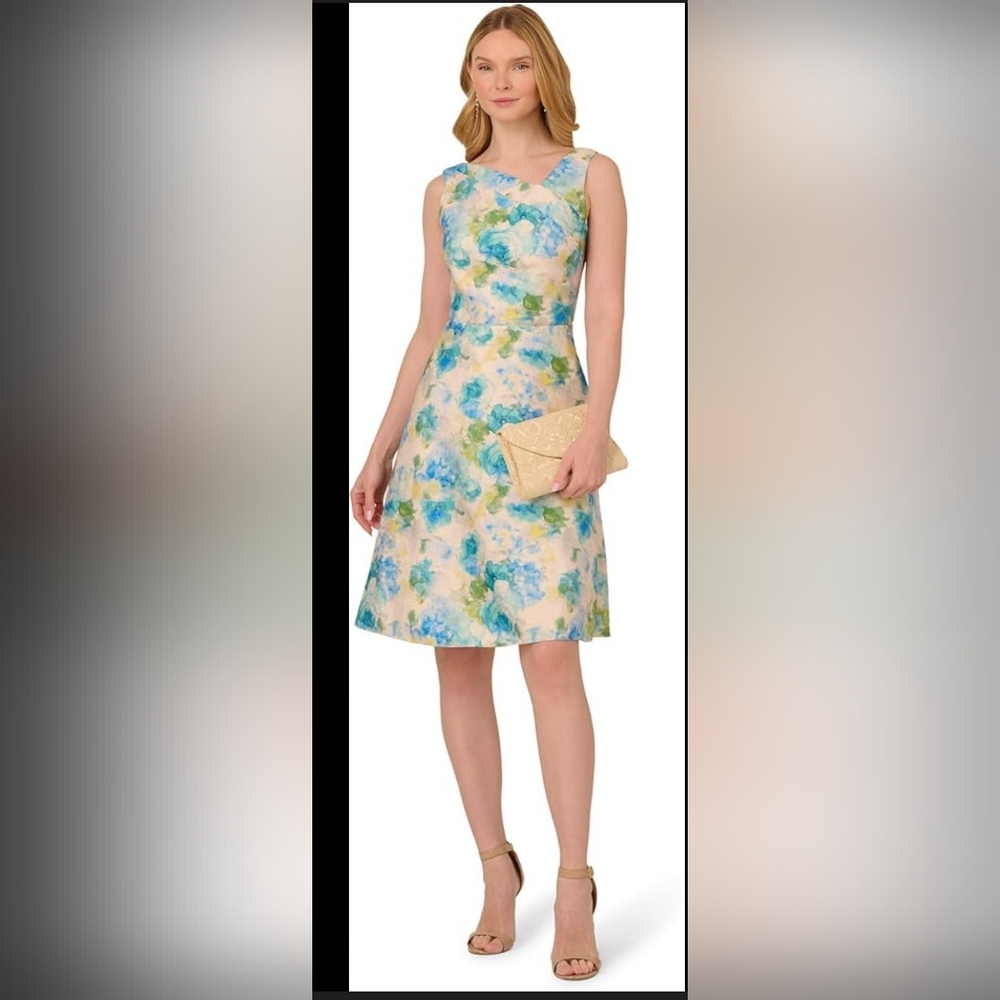 Adrianna Papell Asymmetrical Jacquard Midi Floral Dress Size 8 NEW